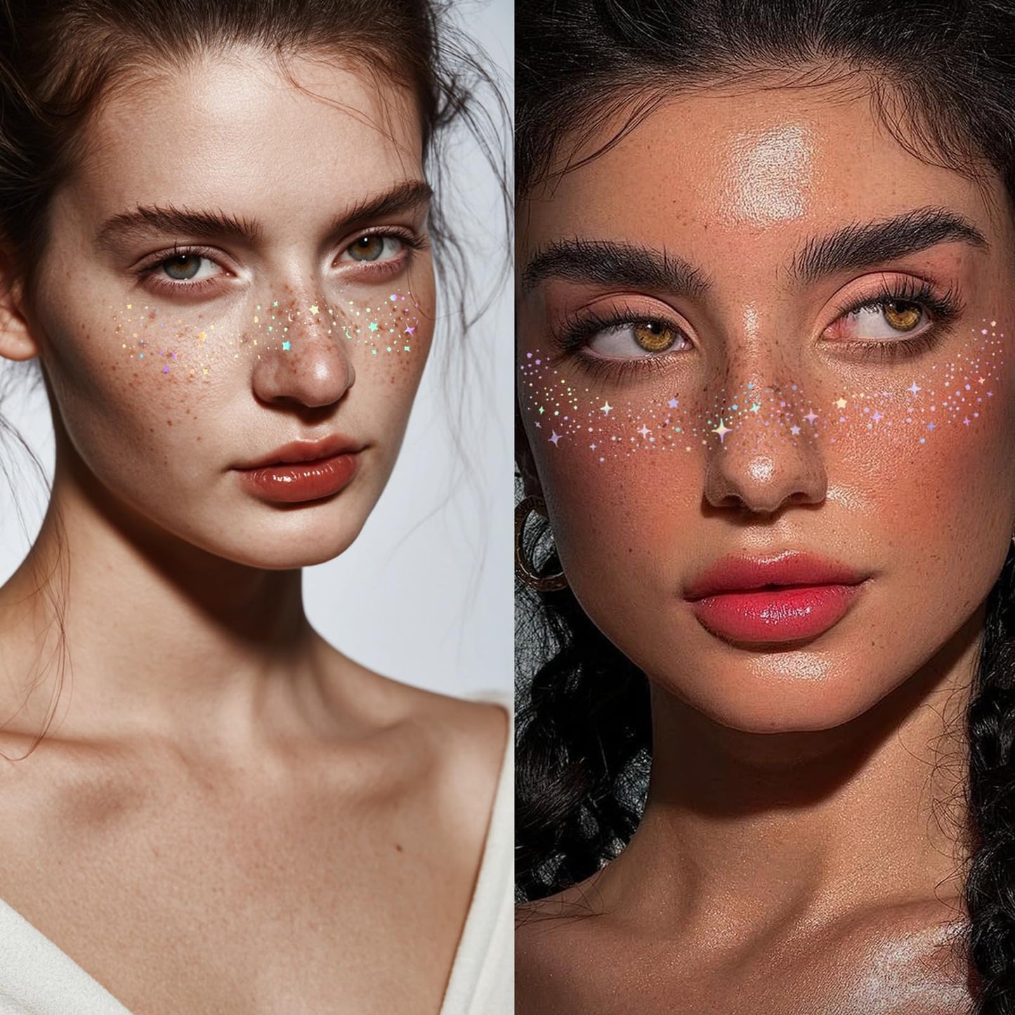 Glitter Freckles, Holographic Face and Body Glitter Tattoo Sparkle for Women Gold Glow Cosmetic Star Makeup Accessories for Festival Rave