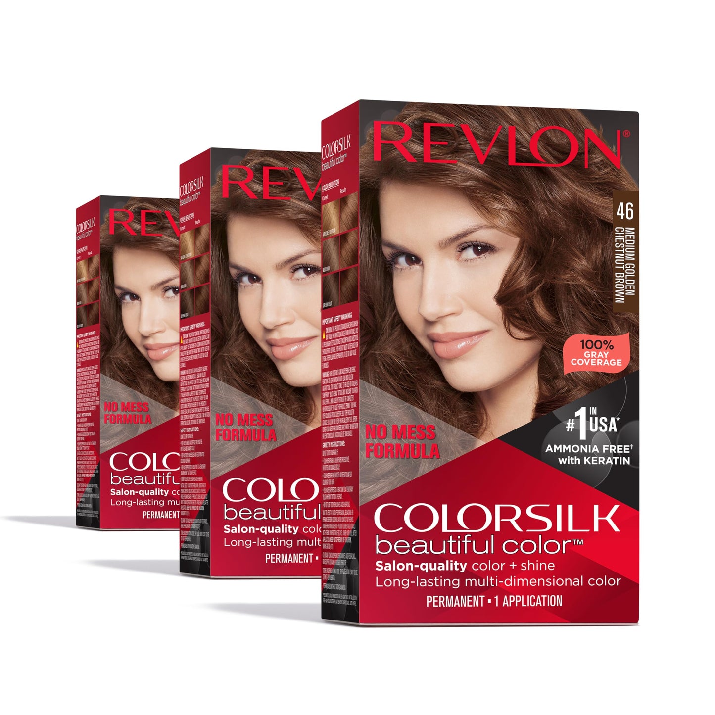Revlon Colorsilk Beautiful Color Permanent Hair Color, (OLD VERSION) 46 Medium Golden Chestnut Brown (Pack of 3)