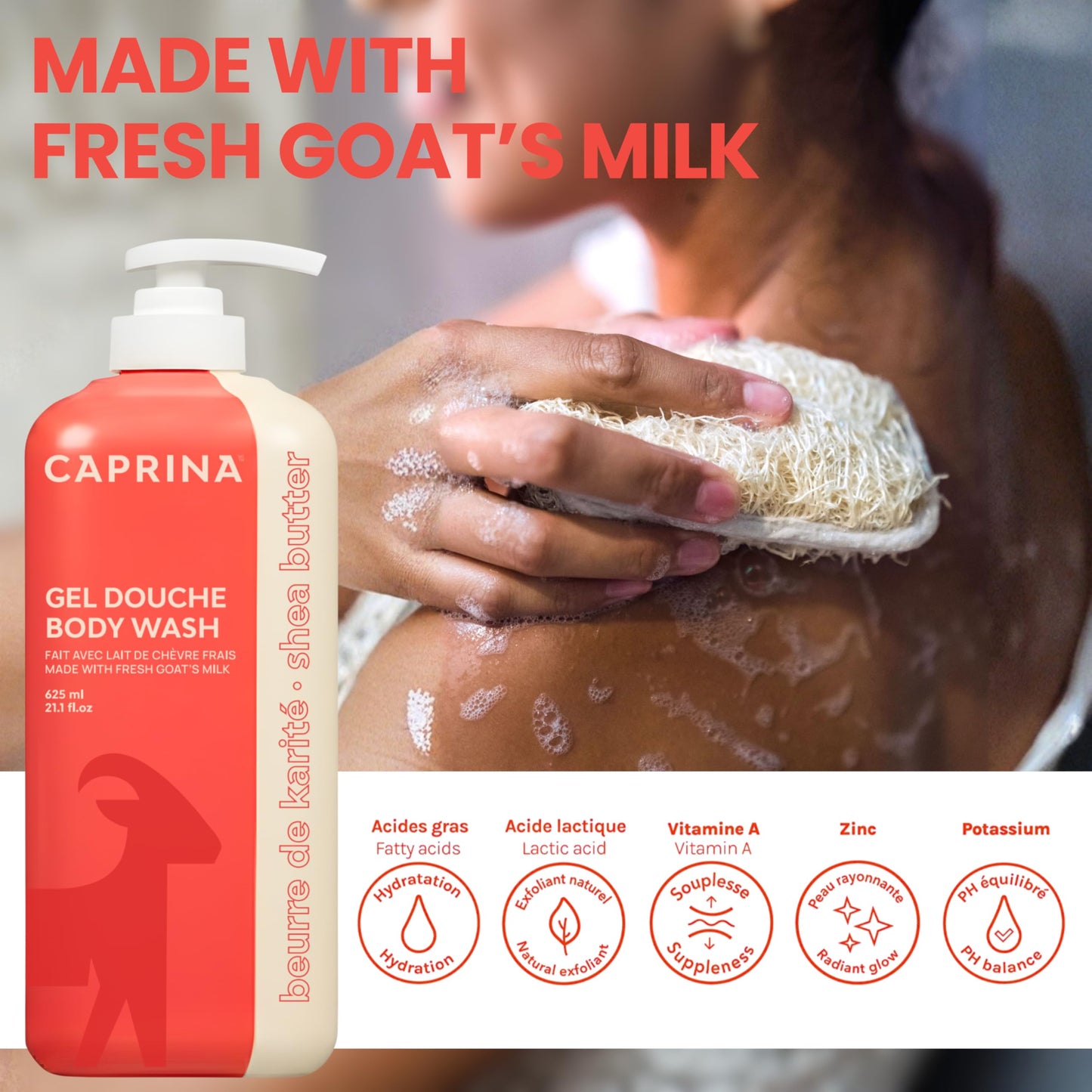 Caprina by Canus Goat Milk Body Wash, SHEA BUTTER, 625 ml (21.1 fl oz), Moisturizing Daily Cleanser, Rich Creamy Lather, Made in Canada
