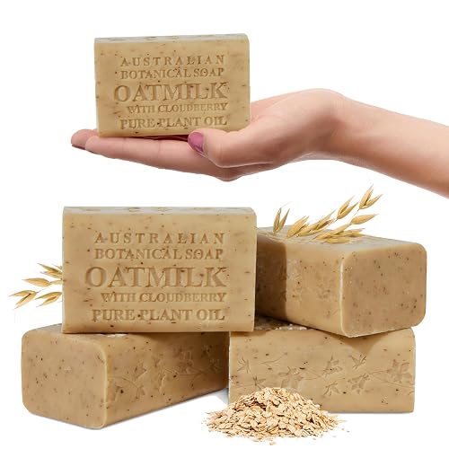 Australian Botanical Soap Oat Milk with Cloudberry - Triple Milled 6.6 oz Bar Soap with Shea Butter, Face Hand & Body Soap Bars, Pack of 4