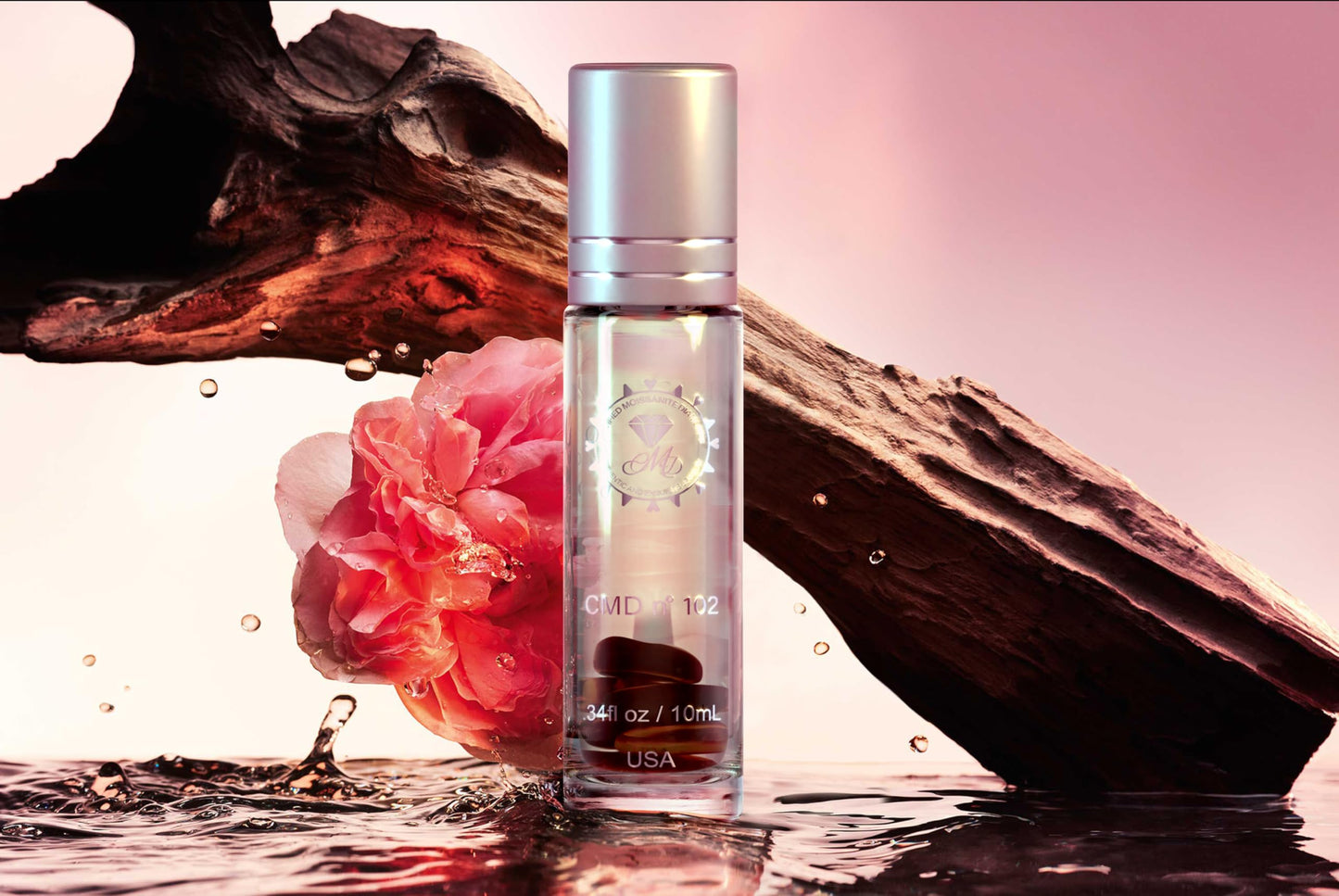 CMD Luxury Dubai Fragrance Perfume Oil Pheromones Infused, Roll On, Oud Ispahan Inspired, Natural Tigers Eye Crystal Rollerball, EDP Body Oil Roller