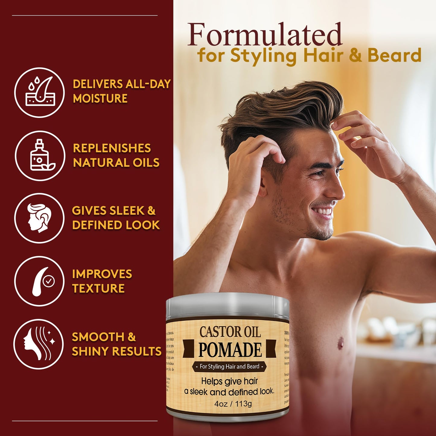 OKAY | Men's Castor Oil Beard and Hair Pomade | For All Hair Types & Textures | All Day Hold | Sleek, Defined Look | Free of Silicone & Paraben, Gray