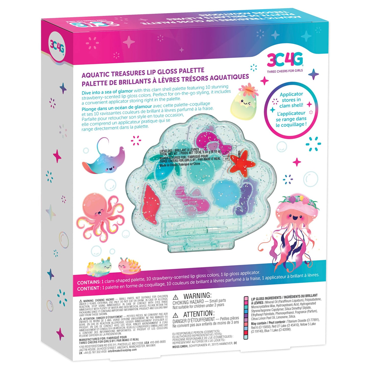 3C4G: Aquatic Treasures Lip Gloss Palette - Portable Clam-Shaped Case, 10 Fruity Strawberry-Scented Colors, Three Cheers For Girls, Kids Ages 8+