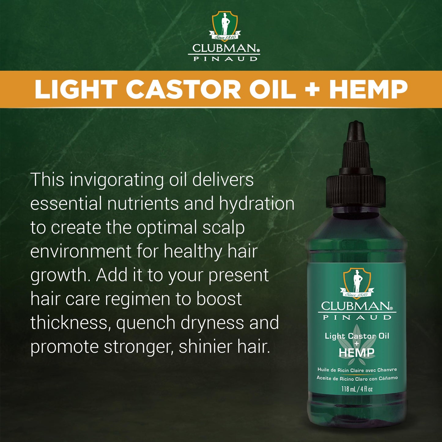 Clubman Pinaud Light Castor Oil + Hemp, Boosts thickness, Quench Dryness, Promotes Stronger and Shinier Hair, 4 fl oz