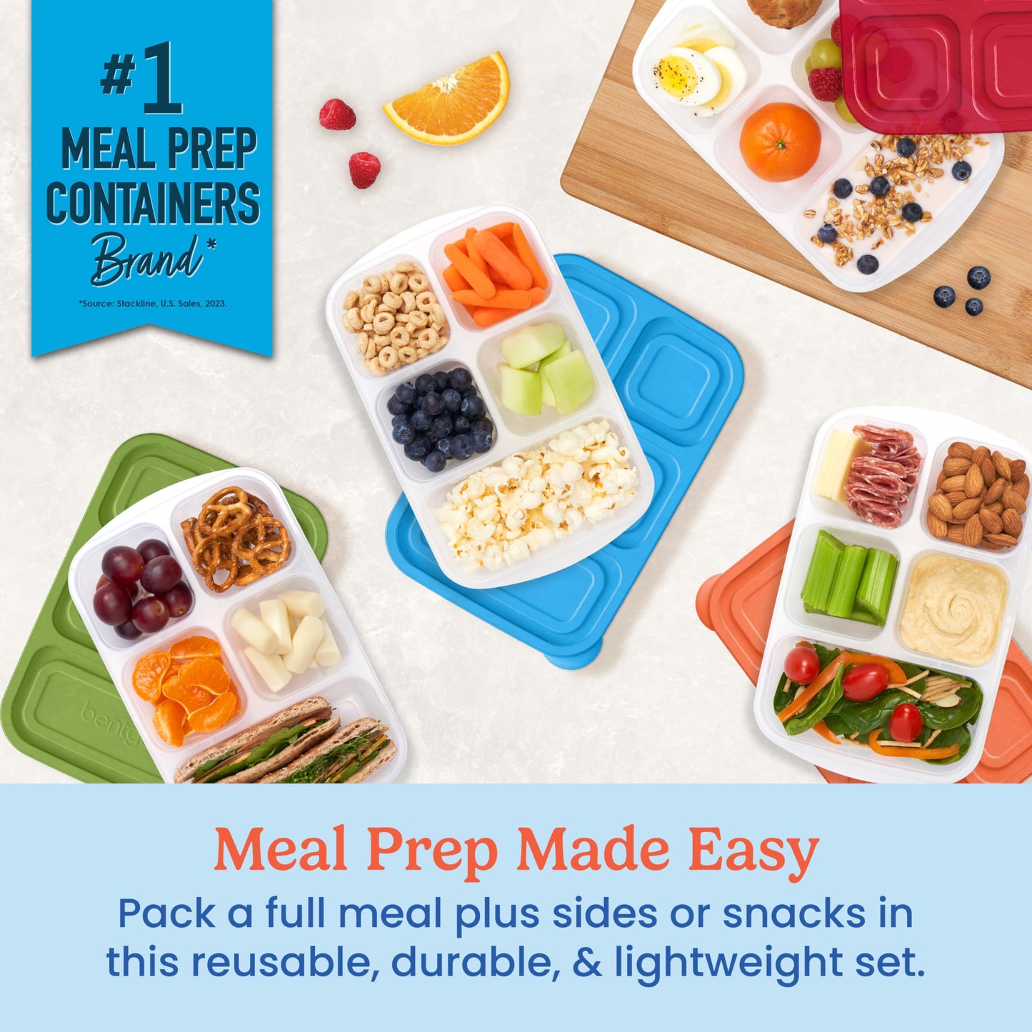 Bentgo Easyboxes - Reusable 5-Compartment Food Containers, Stackable 8-Piece Set, 4 Trays & 4 Lids, BPA-Free Food Storage for Meal Prep, School…