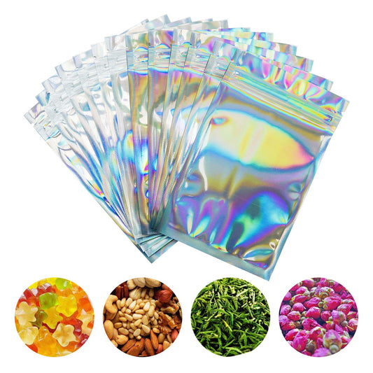 100 Pieces Smell Proof Bags - 3x5 Inches Resealable Mylar Bags Clear Zip Lock Food Candy Storage Bags Holographic Rainbow Color