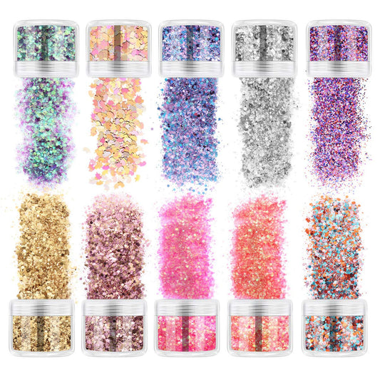 Body Glitter Holographic Chunky Glitter 10 Colors Sequins for Festival Halloween Party Makeup Unicorn and Hexagons Shaped 10ml