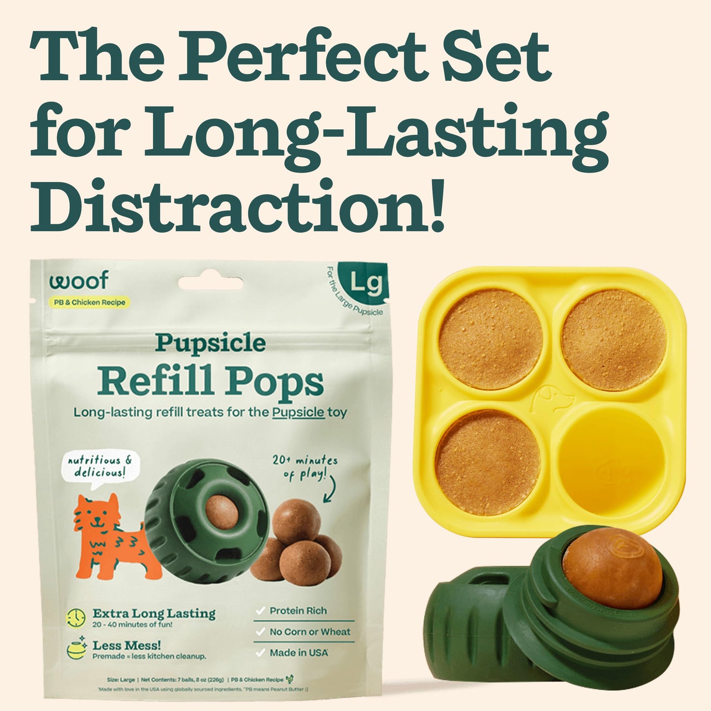 WOOF Starter Pack – Interactive Dog Toys, Silicone Treat Molds, Chicken-Flavored Healthy Treats, Pupsicle Enrichment Toy for Large Dogs (25–75 lbs)