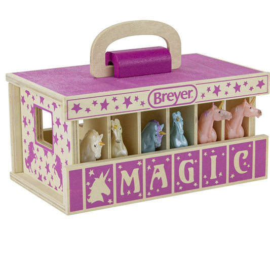 Breyer Unicorn Magic Wooden Carry Stable Playset – 6 Hand-Painted Unicorn Horses in Case, Imaginative Playset & Gift for Kids Ages 4–8