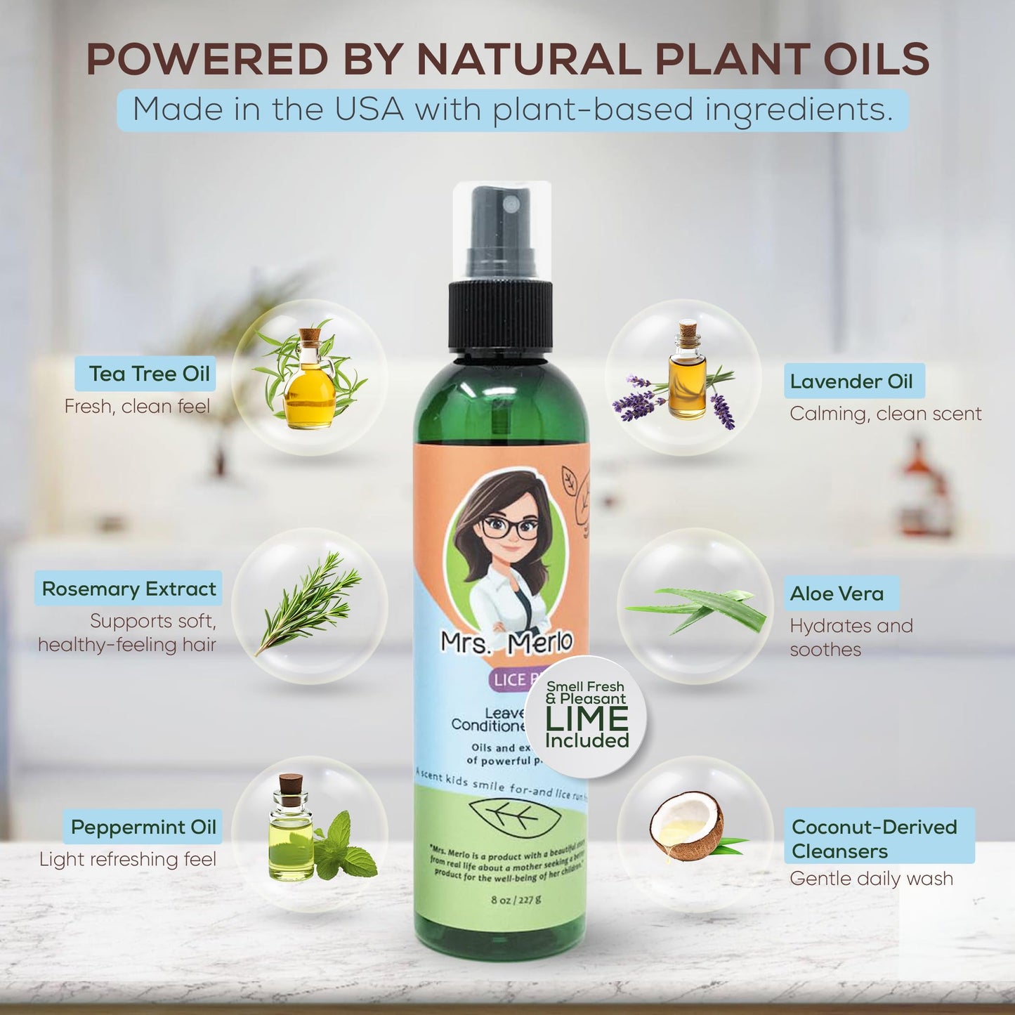 Mrs. Merlo Lice Prevention Leave-In Conditioner Spray for Kids - Natural Daily Detangler with Plant Oils & Extracts - Gentle, Non-Greasy Formula