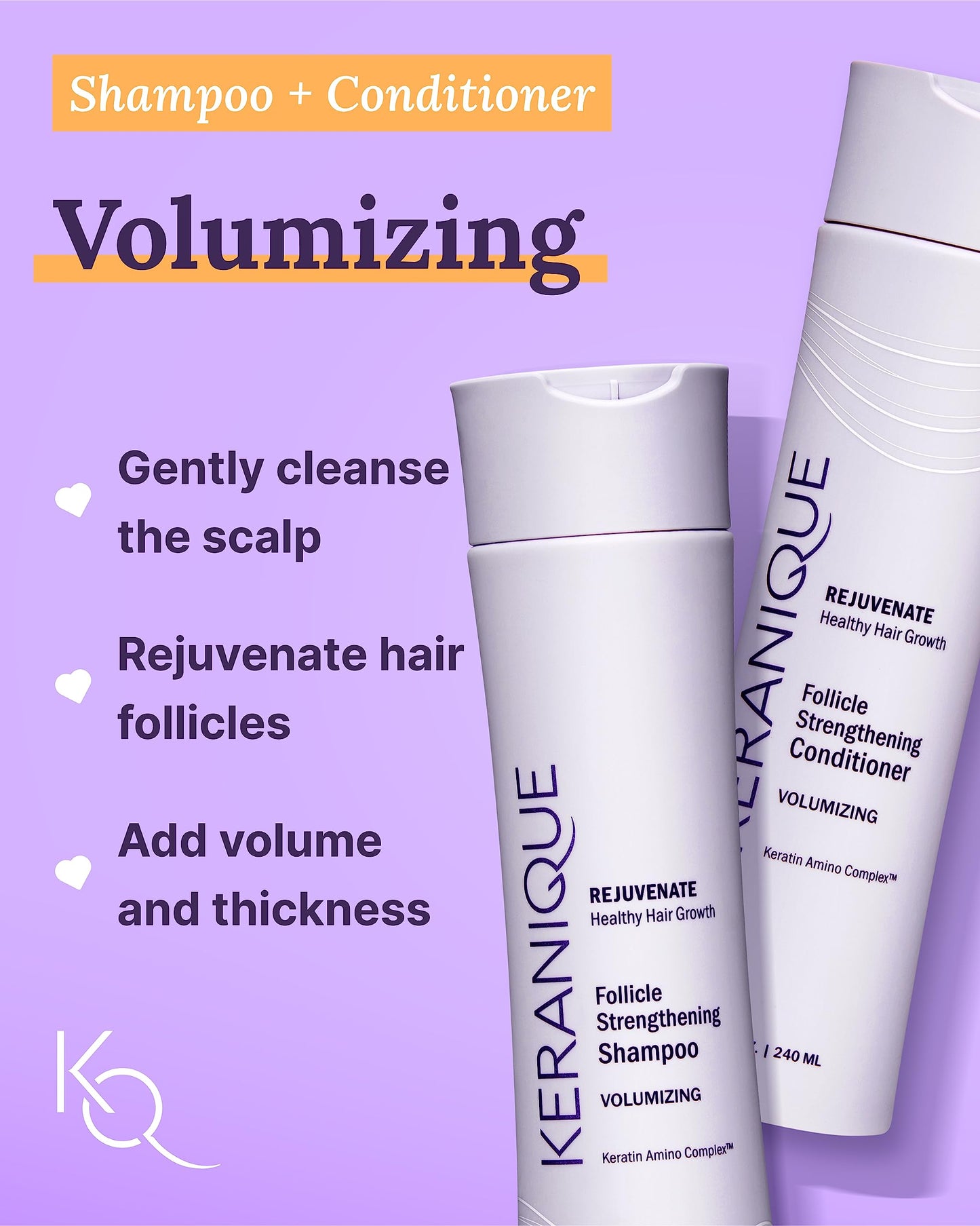 Keranique Volumizing Shampoo and Conditioner Set with Thickening Mousse - Keratin Enriched Volume Kit for Thinning, Fine, Damaged, Dry Hair - Color