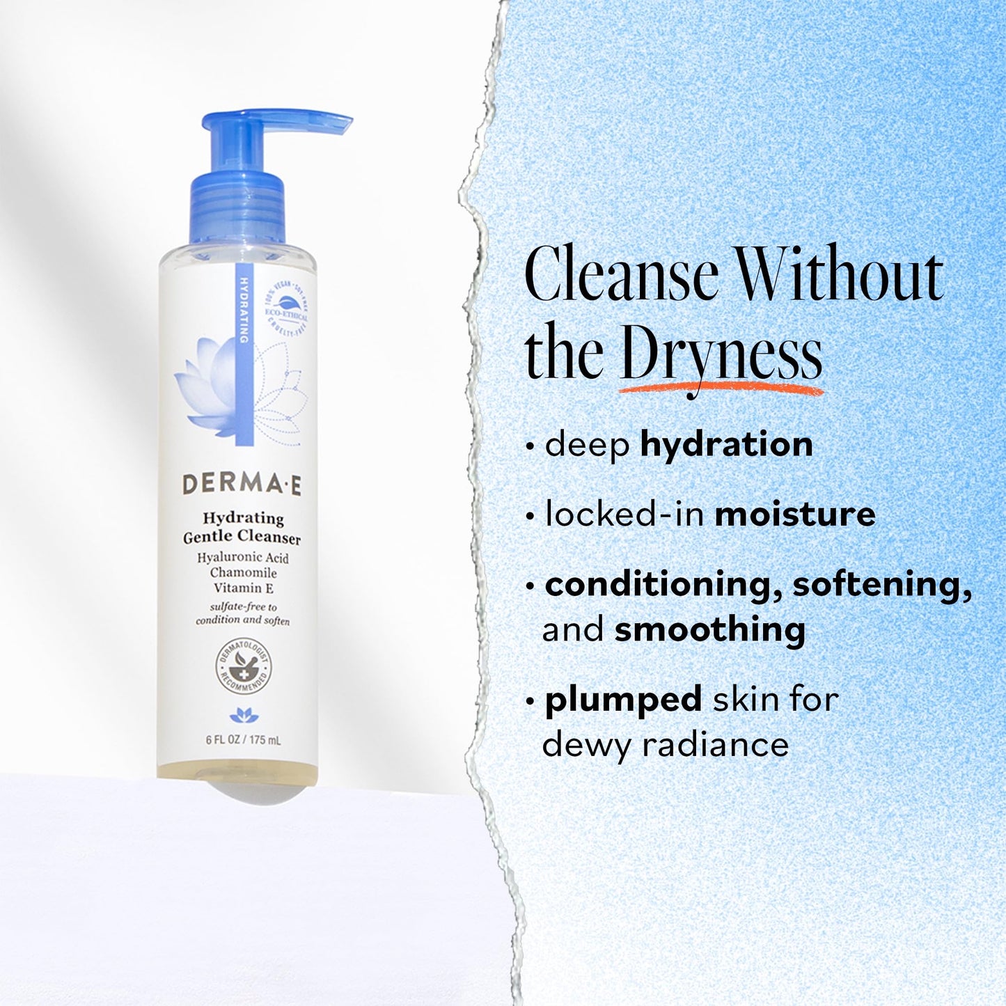 Derma E Hydrating Gentle Cleanser with Hyaluronic Acid - Moisturizing Facial Cleanser Tones, Moisturizes & Improves Skin Texture - Gently Exfoliating