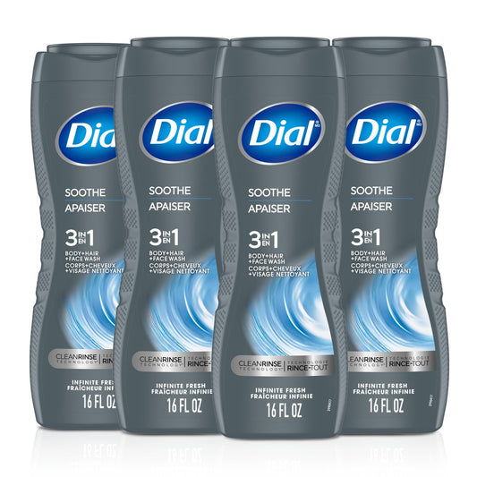 Dial Men 3 in 1 Body, Hair and Face Wash, Soothe, 16 Fl Oz, Pack of 4, Infinite Fresh Scent, Cleanses Deep + Gentle on Skin with Clean Rinse Beauty & Personal Care Dial
