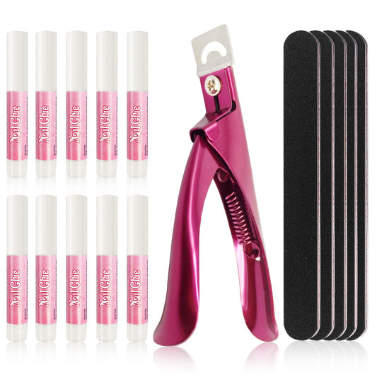 16 Pcs Nail Glues Set,10 PCS Nail Glue for Acrylic Nails,Adhesive Super Bond for Fake Nails,1 Nail Clipper Cutter for Fake Nails,5 Double Sided Emery