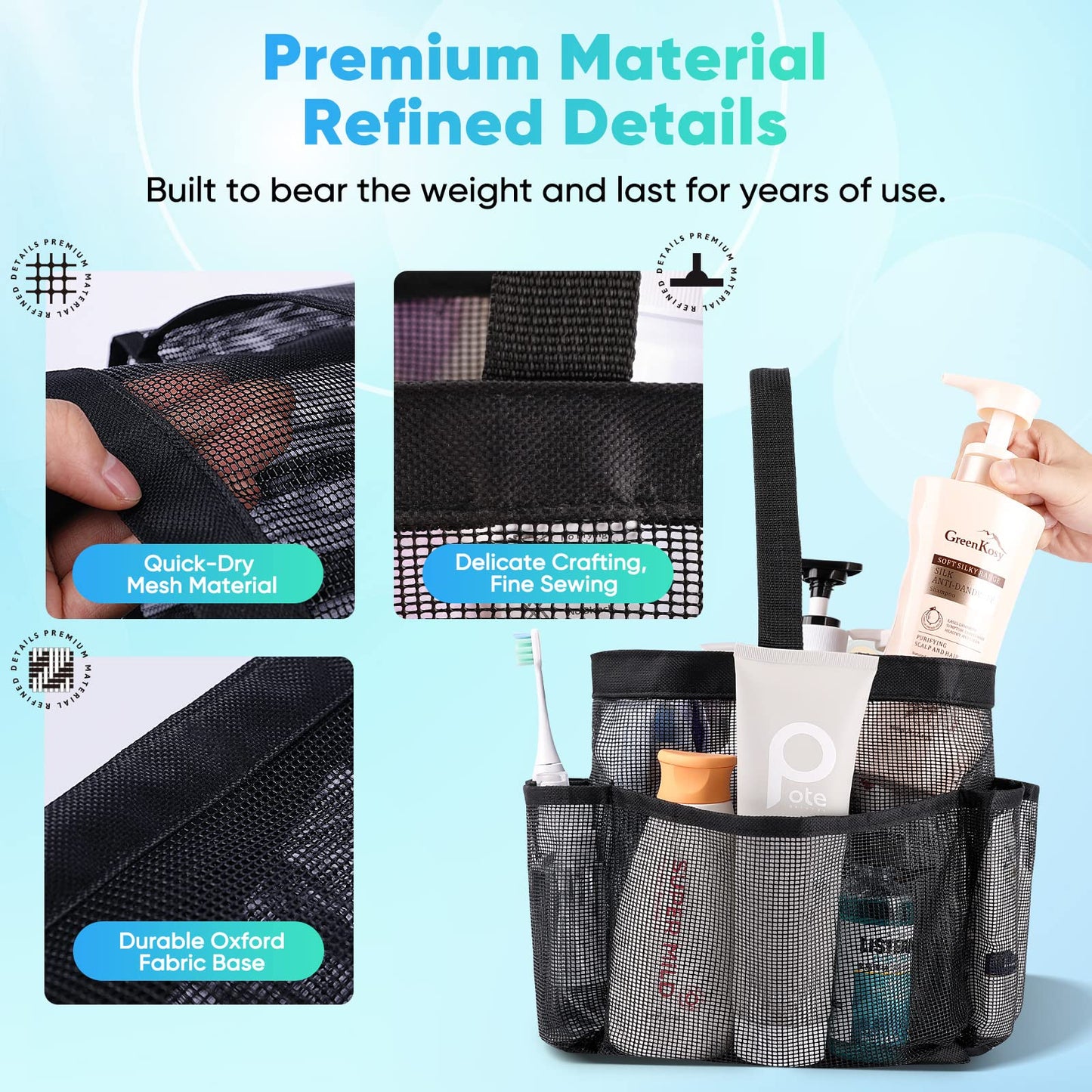 Eudele Mesh Shower Caddy Portable for College Dorm Room Essentials, 8-Pocket Large Capacity Shower Bag for Beach, Swimming, Gym