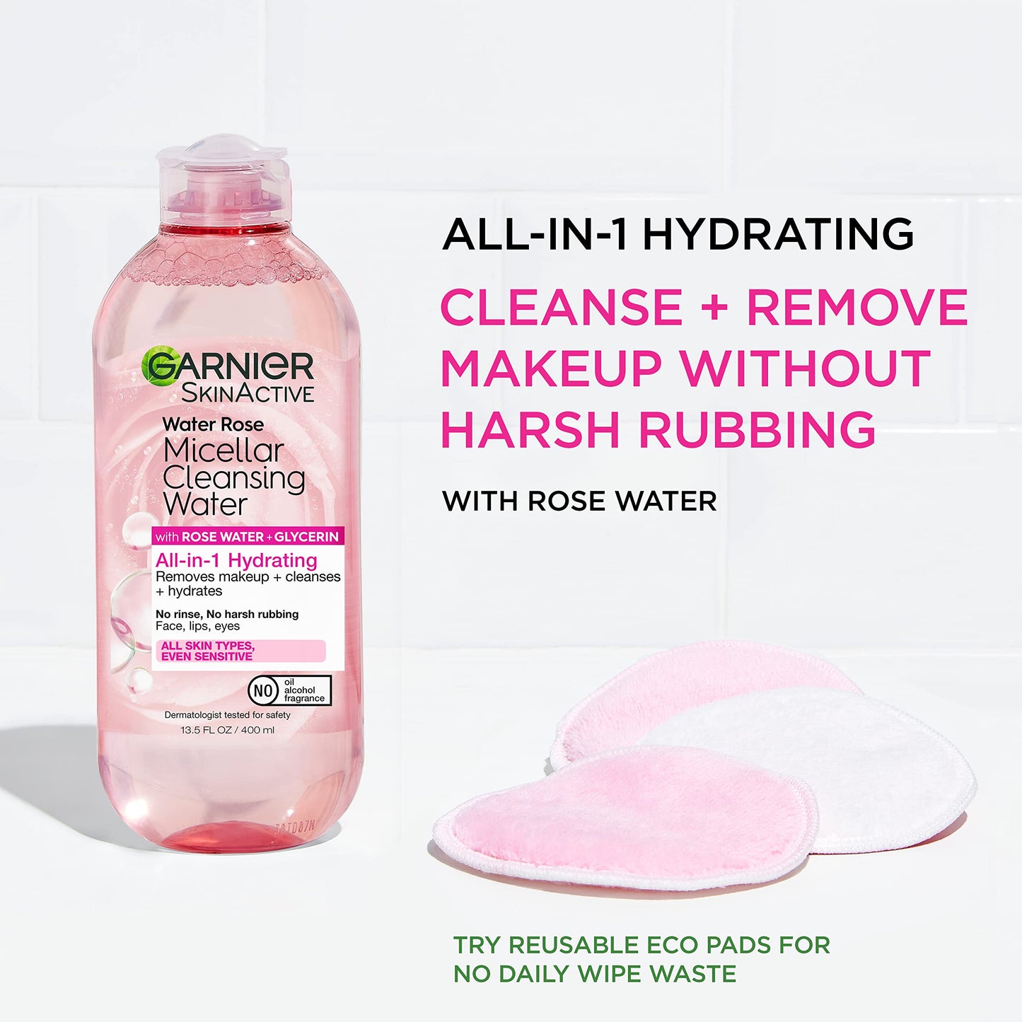 Garnier Micellar Water with Rose Water and Glycerin, Hydrating Facial Cleanser & Makeup Remover, For All Skin Types, Vegan, Cruelty Free, 13.5 Fl Oz