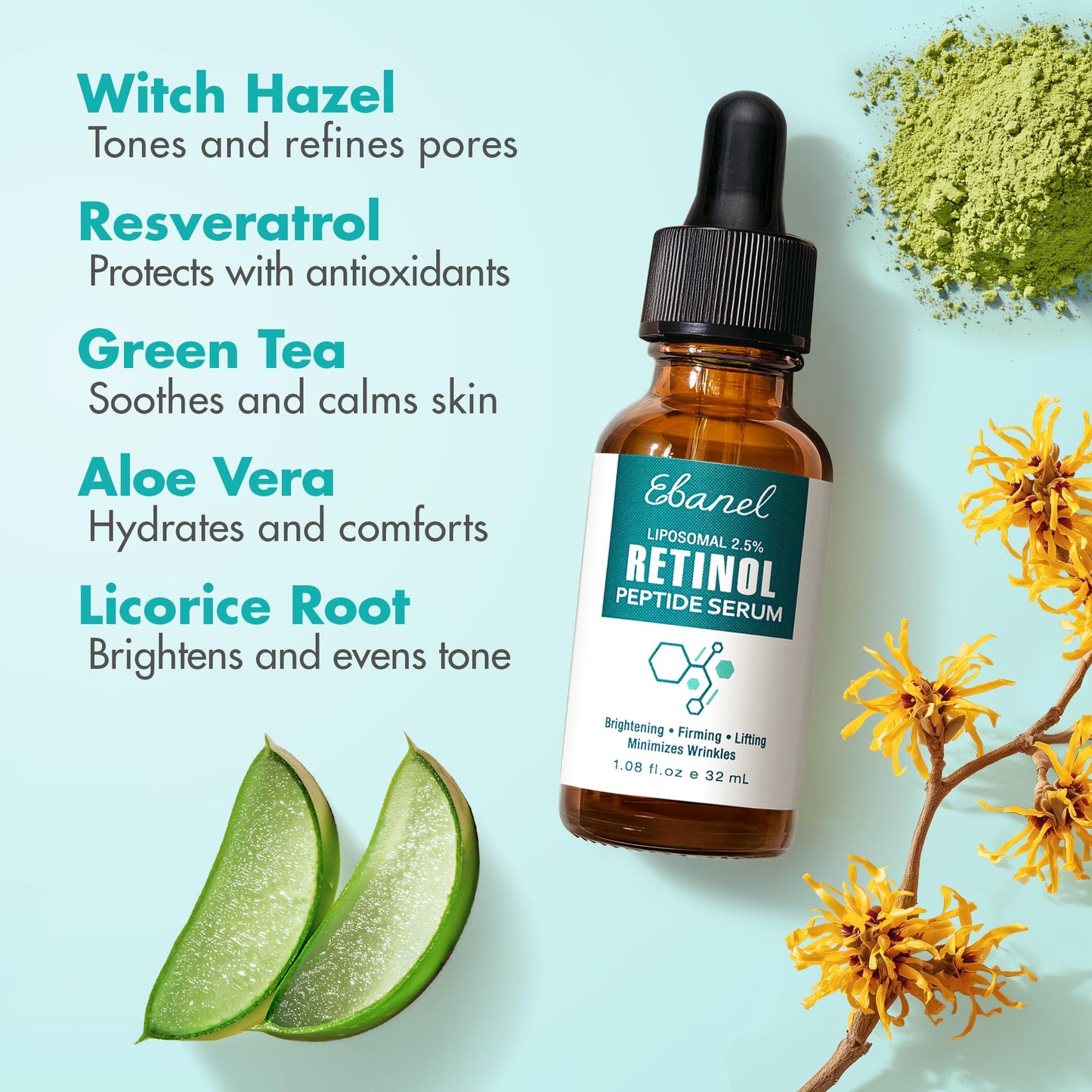 Ebanel Retinol Serum for Face with Vitamin C, Peptides & Hyaluronic Acid, Anti Aging Face Serum for Fine Lines, Uneven Skin Tone, Dark Spots