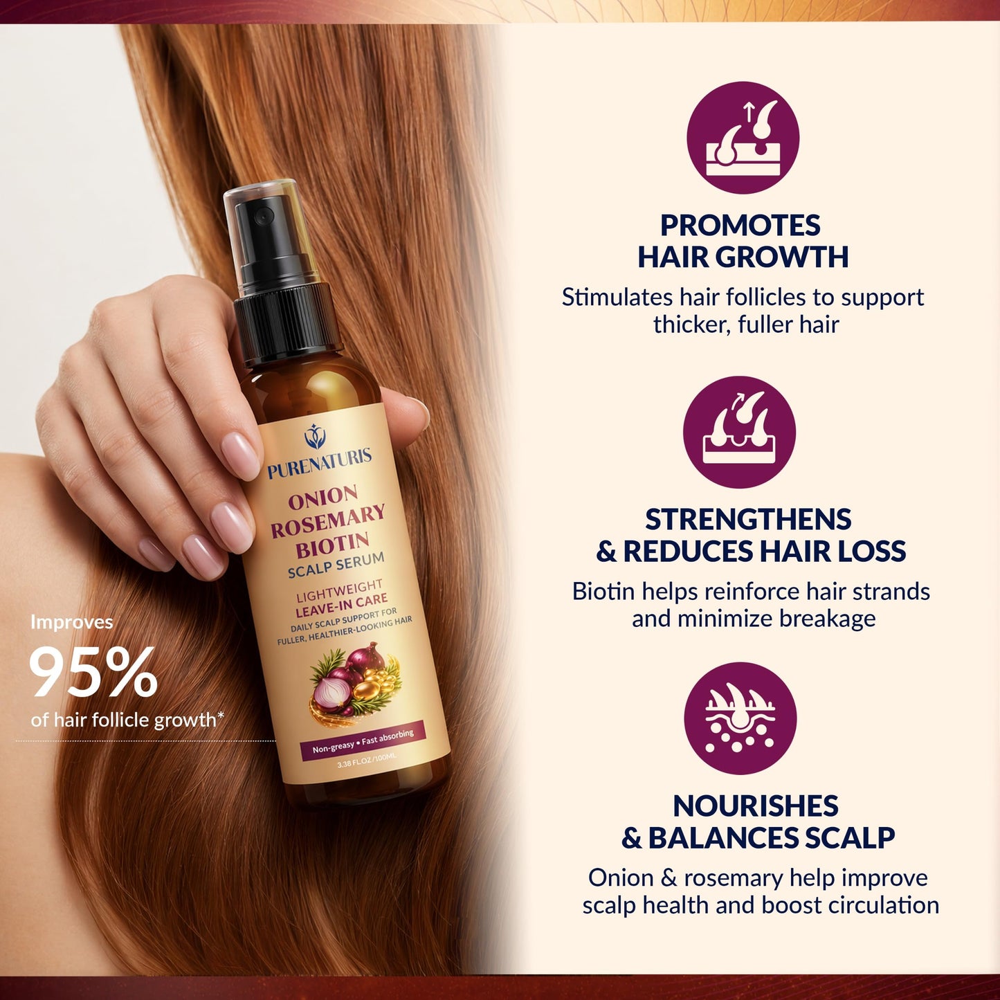 Onion Rosemary Biotin Hair Care Set - Sulfate Free Shampoo, Conditioner & Scalp Serum - Helps Strengthen Hair, Reduce Breakage & Support Fuller