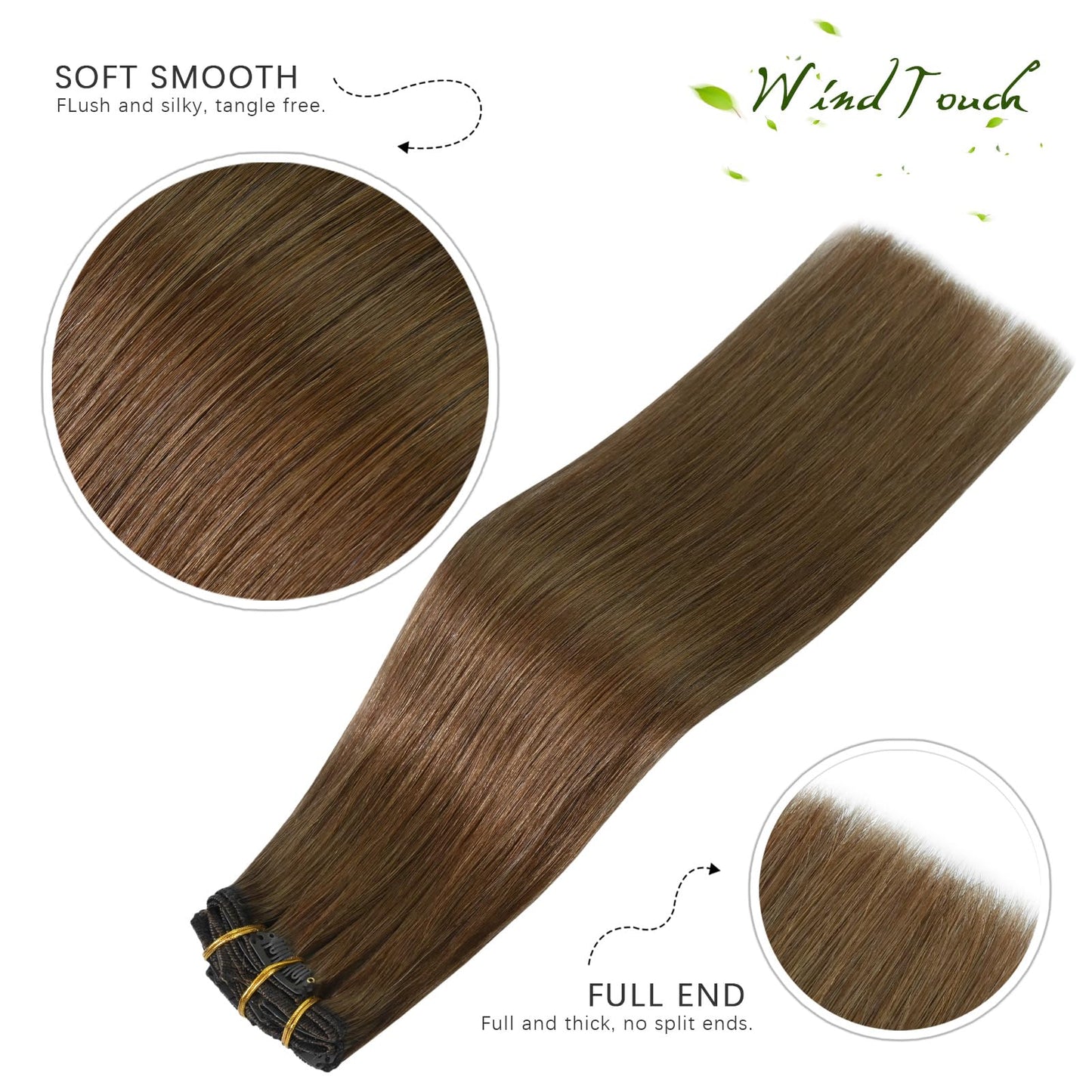 WindTouch Clip In Hair Extensions Real Human Hair Light Brown Extensions 18Inch 75g 7Pcs Human Hair Clip in Extensions #6 Chestnut Brown Hair