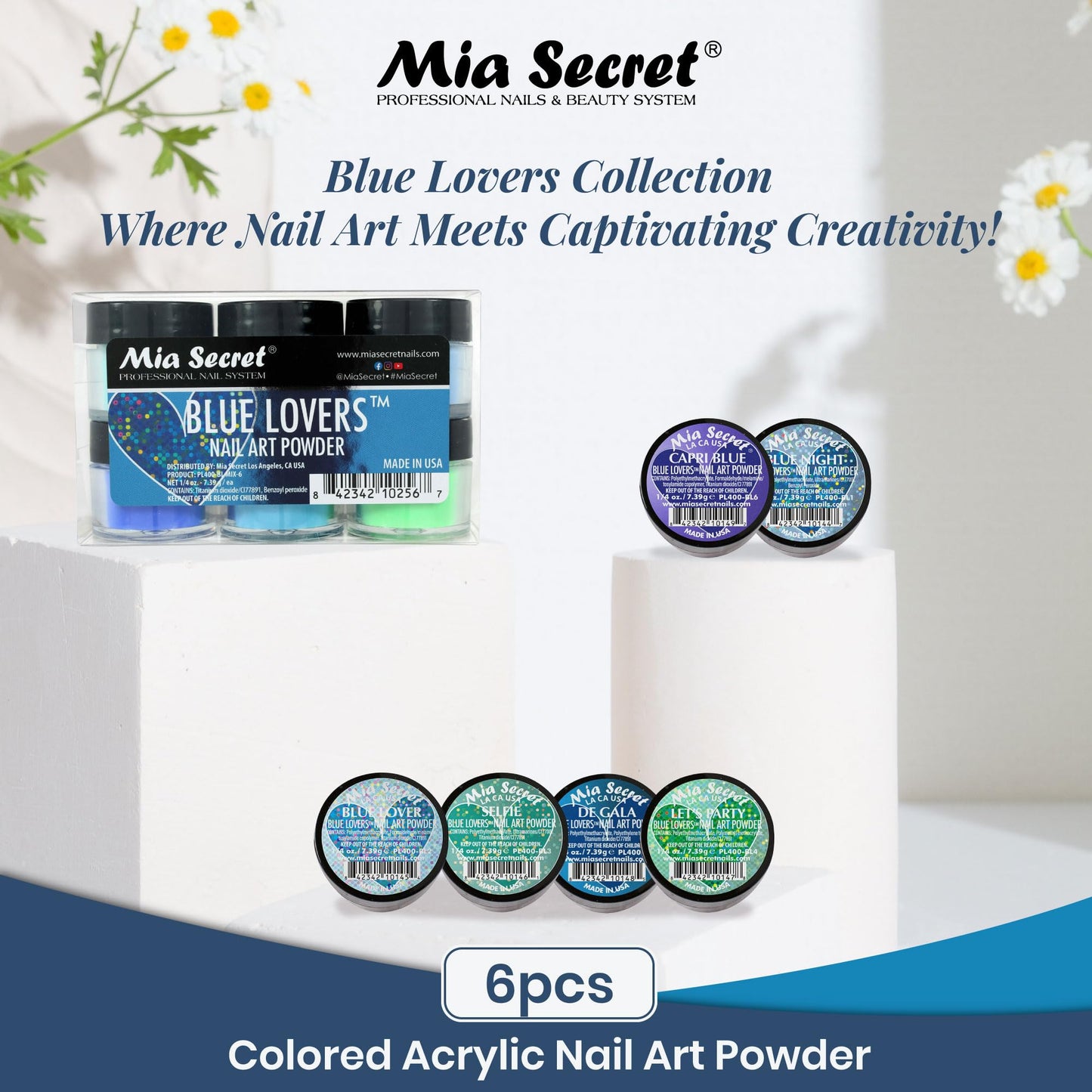6PC Mia Secret Acrylic Nail Art Powder Collection (BLUE LOVERS) Beauty & Personal Care Mia Secret