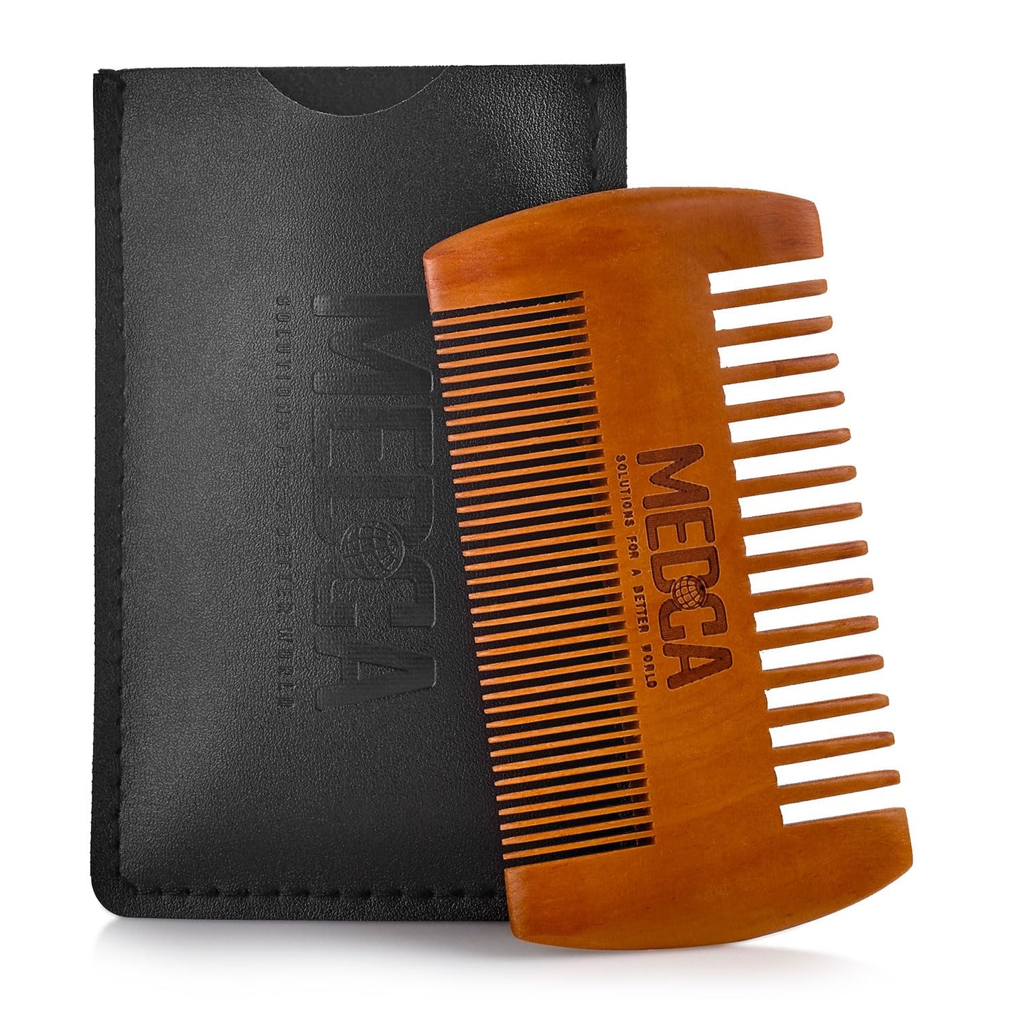 Wooden Beard Comb With Leather Case - Handcrafted Solid Beechwood Beard, Mustache and Head Hair Pocket Combs for Men Dual Action Fine & Coarse Teeth