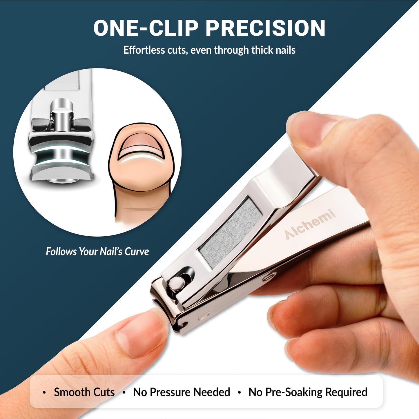 Alchemi Curved Blade Nail Clippers with Catcher, Surgical Sharp Fingernail & Toenail Clippers for Men Thick Nails, Heavy Duty No Splash Nail Cutters