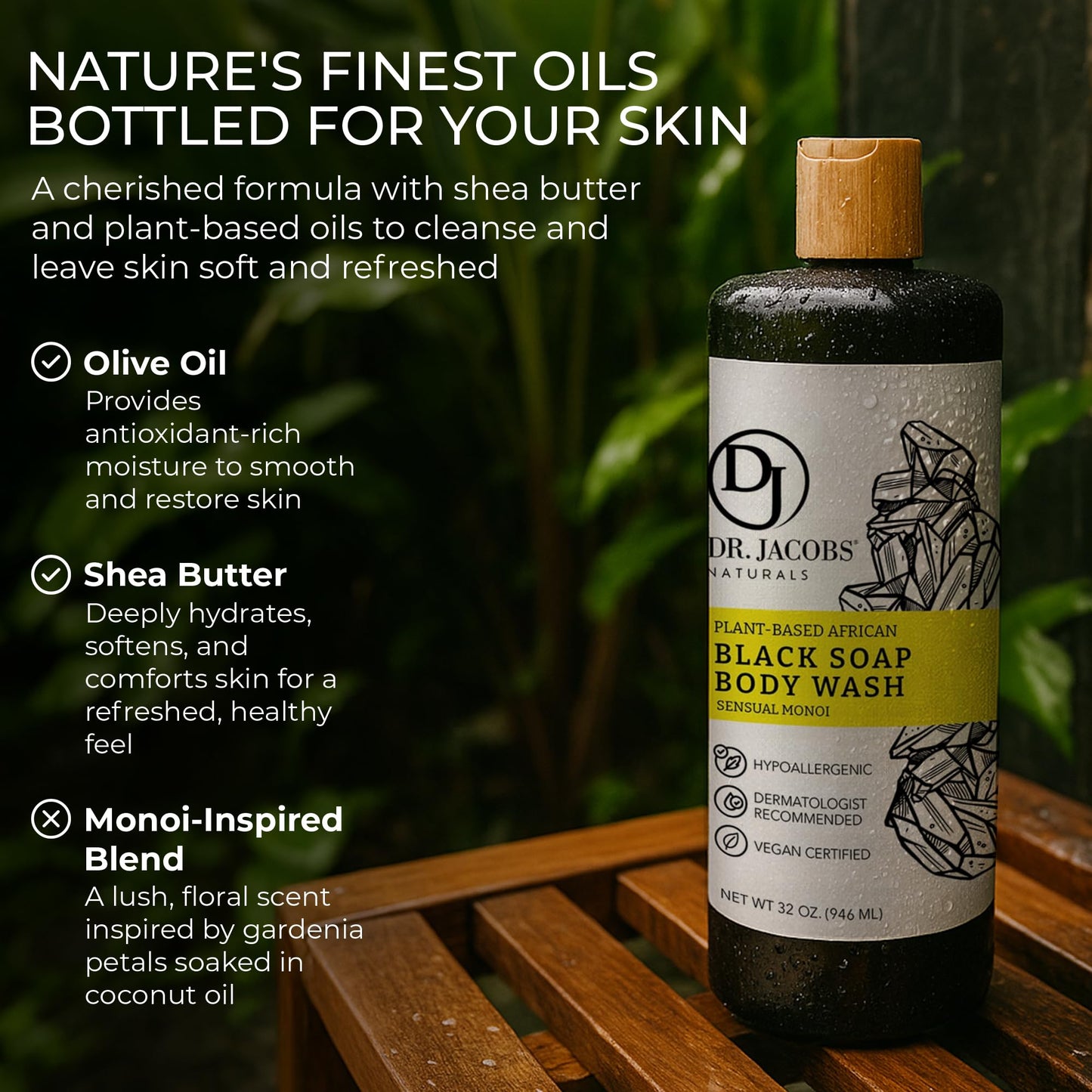 Dr Jacobs Naturals Authentic African Black Liquid Soap with Sensual Monoi Scent | All-In-One Face Wash, Sensitive Skin Body Wash, Shampoo, Shaving