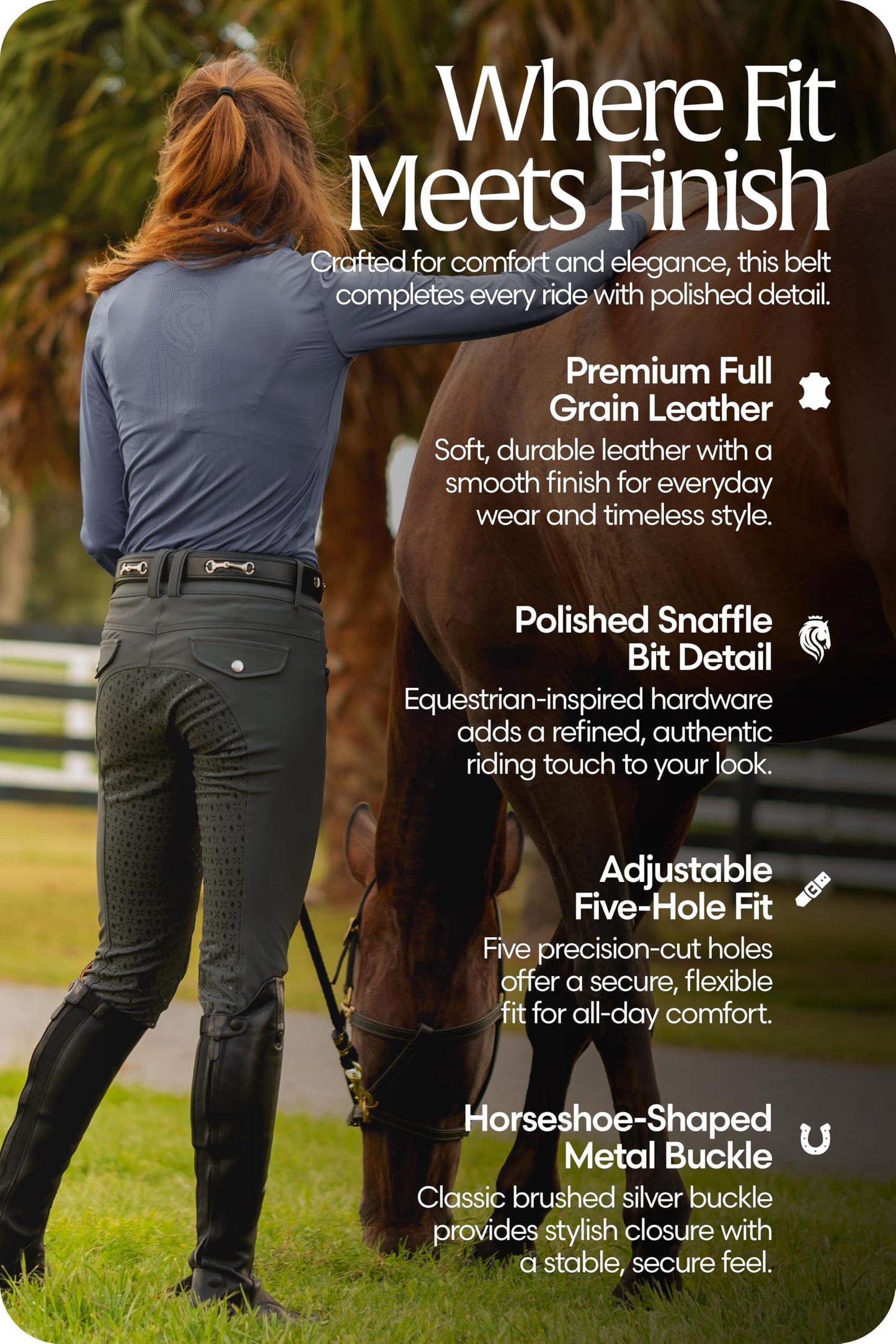 Equinavia Tirild Womens Leather Equestrian Horse Riding Belt with Bit Design - Black/Grey - M