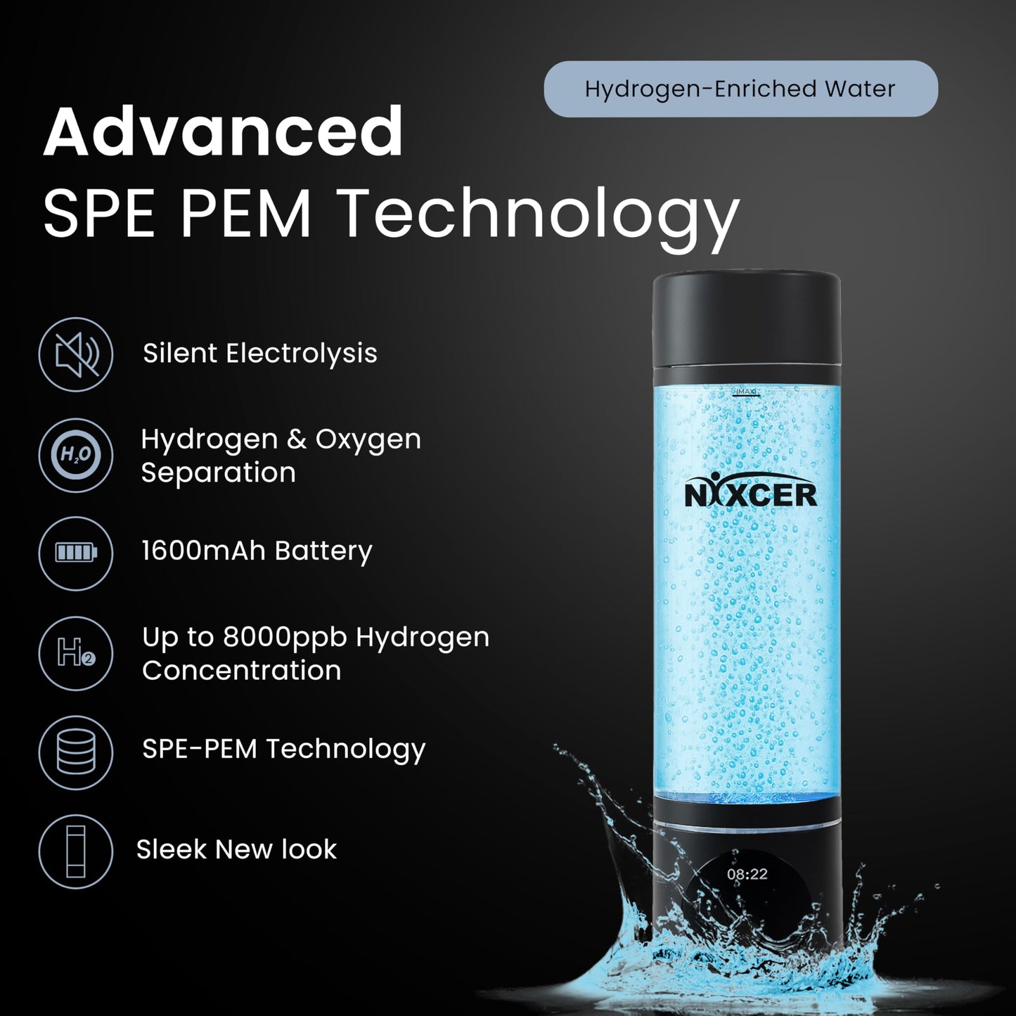 Nixcer Hydrogen Pro Water Bottle - 8000PPB H2, SPE/PEM, OLED Display, Dual Mode (5/10 Min), USB-C Rechargeable - Portable Hydrogen Generator