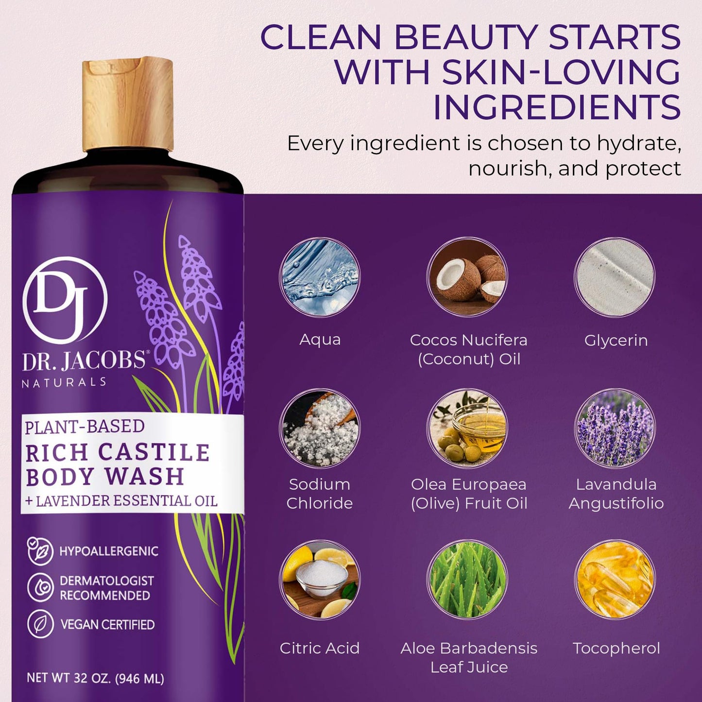 Dr. Jacobs Naturals Pure Castile Soap Liquid Body Wash, Lavender - Plant Based Soap Infused with Vitamin E and Aloe Vera to Moisturize Dry
