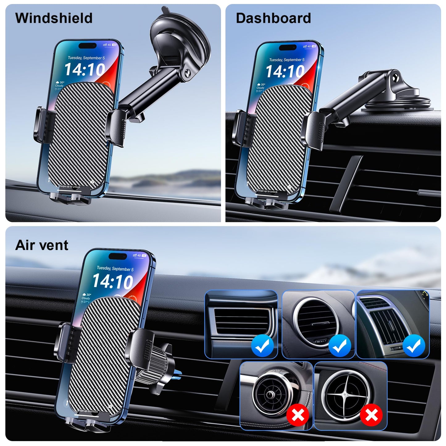 GUWEZ Phone Holder Car Mount for iPhone [Powerful Suction] Phone Mount for Car Dashboard Windshield Air Vent Universal Accessories [Thick Cases…