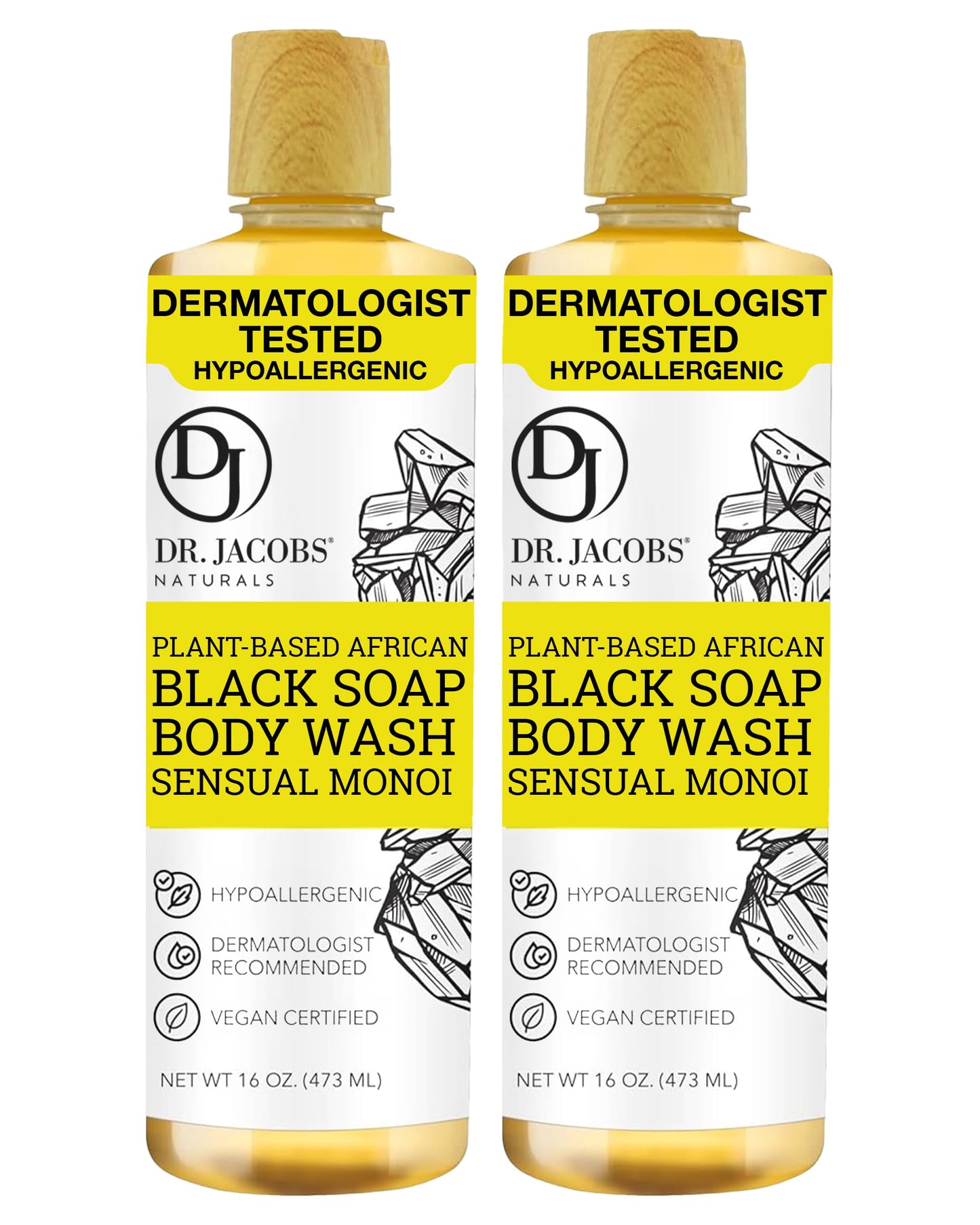 Dr Jacobs Naturals Authentic African Black Liquid Soap with Sensual Monoi Scent | All-In-One Face Wash, Sensitive Skin Body Wash, Shampoo, Shaving