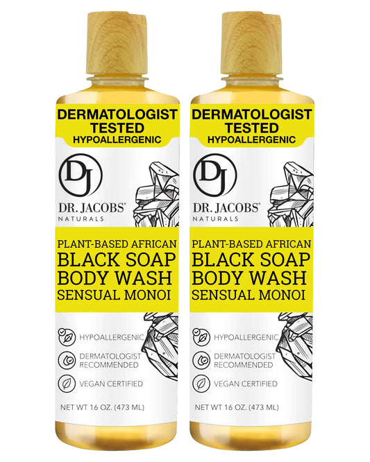 Dr Jacobs Naturals Authentic African Black Liquid Soap with Sensual Monoi Scent | All-In-One Face Wash, Sensitive Skin Body Wash, Shampoo, Shaving