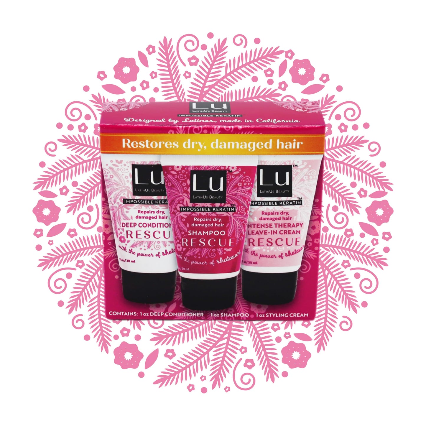 Lu by LatinUs Beauty Rescue Travel Size Collection | Complete Hair Repair System | Shampoo, Conditioner & Styling Cream | For Damaged & Color-Treated