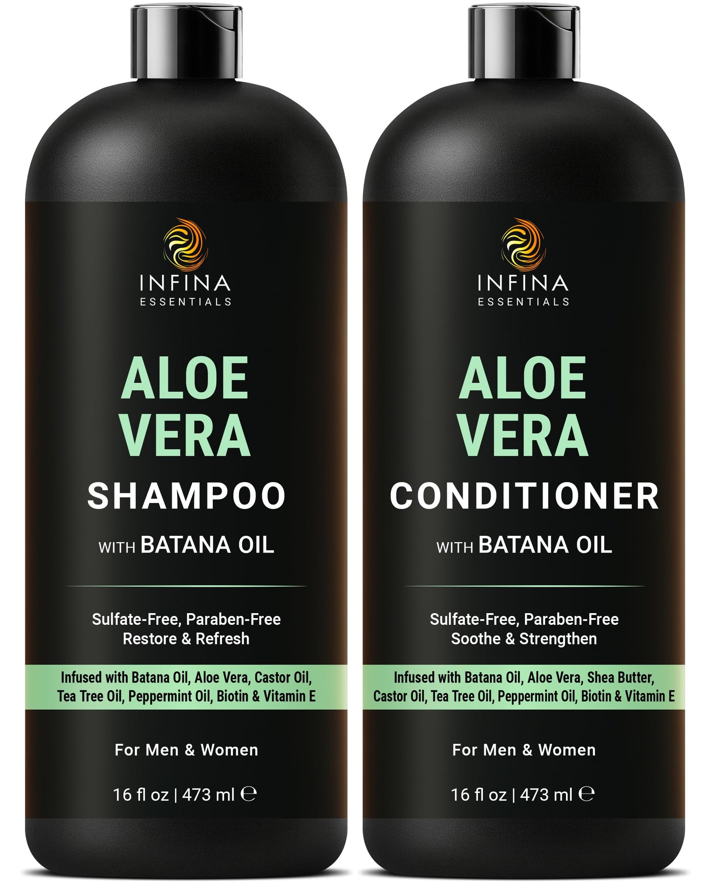 INFINA ESSENTIALS Aloe Vera Shampoo and Conditioner Set | 16 fl oz Each | with Batana Oil | Hydrating, Soothing & Moisture Balance Formula |