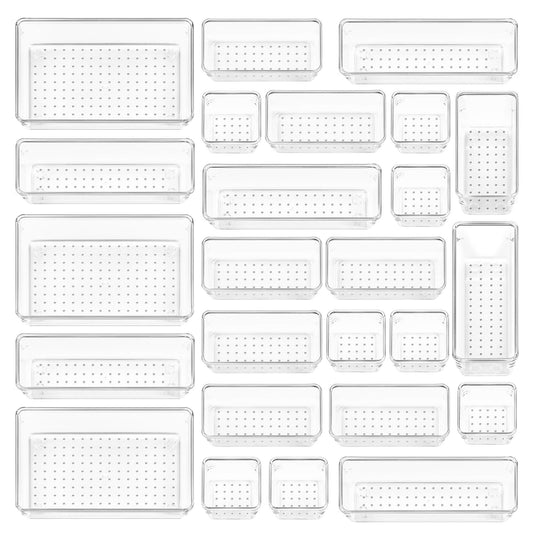 Vtopmart 25PCS Clear Drawer Organizer Set – 4 Sizes for Bathroom, Kitchen, Makeup, Utensils, Office & Vanity Storage Bins