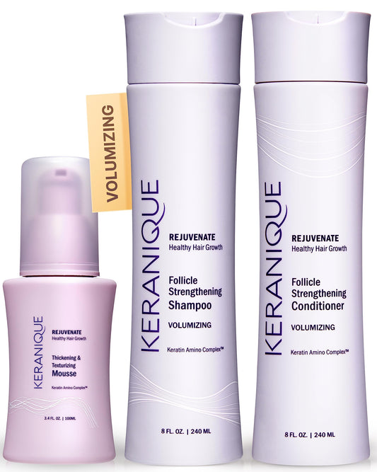 Keranique Volumizing Shampoo and Conditioner Set with Thickening Mousse - Keratin Enriched Volume Kit for Thinning, Fine, Damaged, Dry Hair - Color