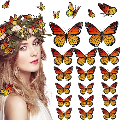 12 Pcs Dia De Los Muertos Monarch Butterfly Hair Clips, 4 Size 3D Simulation Butterflyr Hair Barrettes Butterfly Headwear Clips for Halloween Day