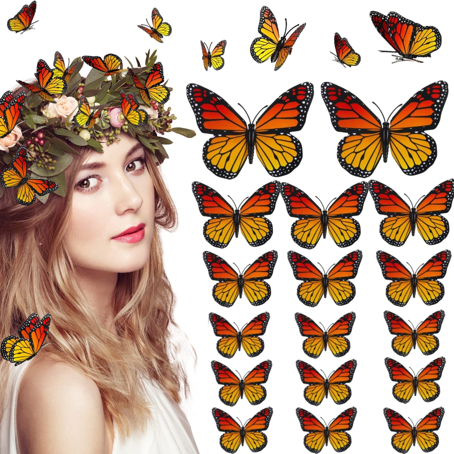 12 Pcs Dia De Los Muertos Monarch Butterfly Hair Clips, 4 Size 3D Simulation Butterflyr Hair Barrettes Butterfly Headwear Clips for Halloween Day