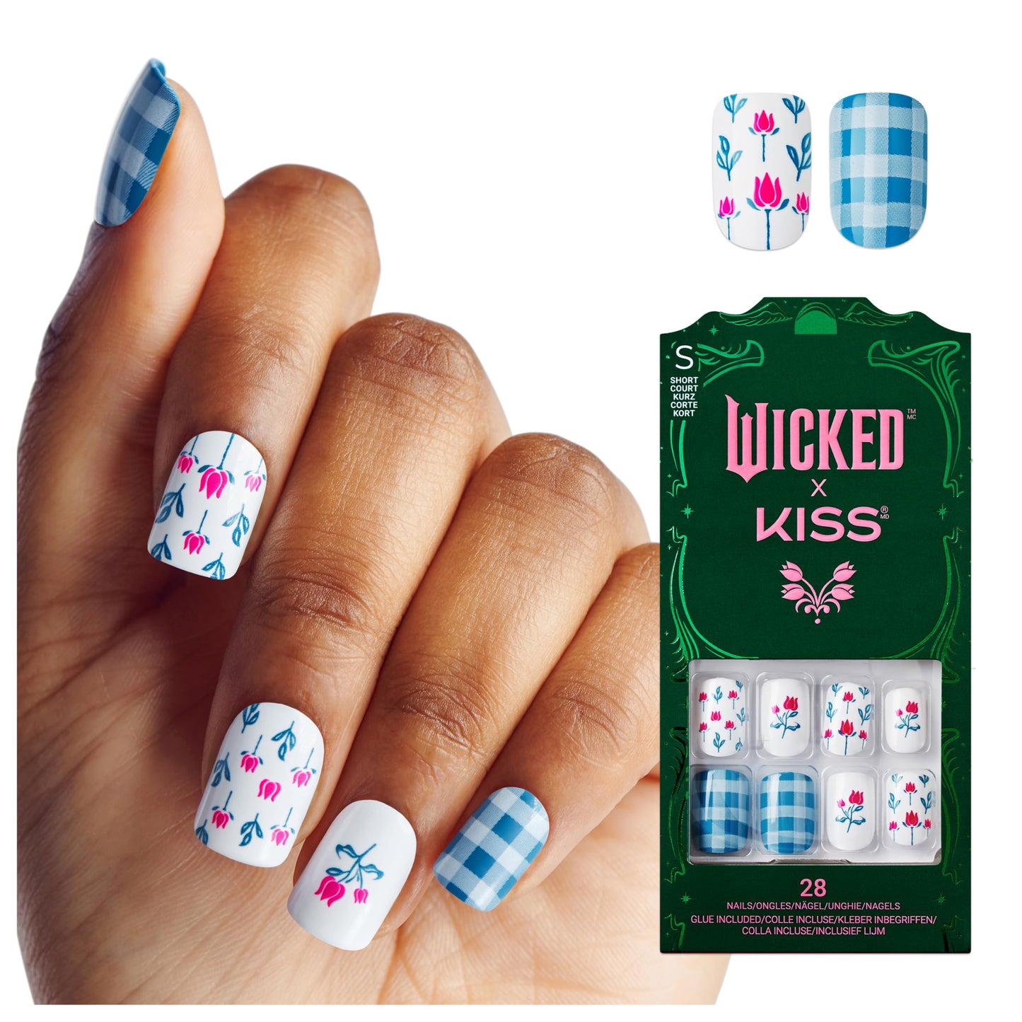 WICKED X KISS Press On Nails, ‘Marvelous Munchkinland’, Blue, Short Squoval, Waterproof, Chip Proof, Smudge Proof, 28 Fake Nails, Pink Gel Nail Glue Beauty & Personal Care KISS