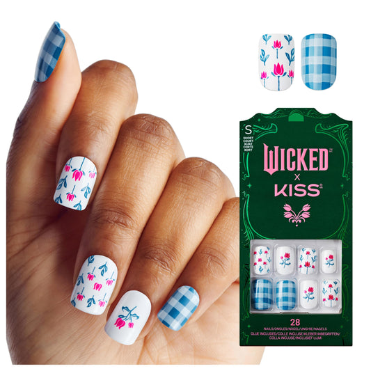 WICKED X KISS Press On Nails, ‘Marvelous Munchkinland’, Blue, Short Squoval, Waterproof, Chip Proof, Smudge Proof, 28 Fake Nails, Pink Gel Nail Glue Beauty & Personal Care KISS