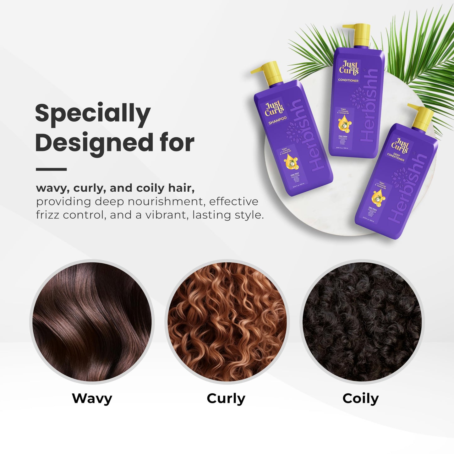 Herbishh Curly Hair Shampoo and Conditioner Set with Deep Conditioner For Women, Men (3 X 16.91 Fl Oz) Definition For Wavy & Coily Hair Reduce Frizz