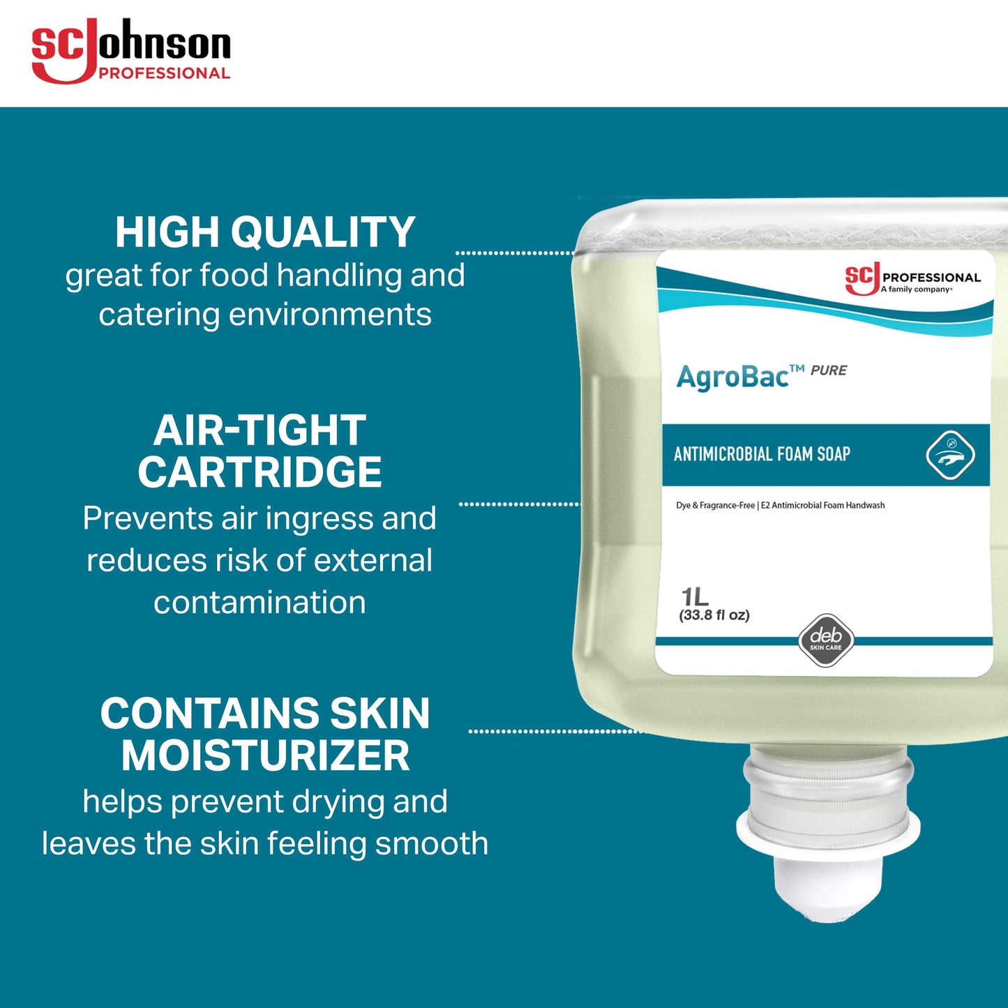 SC Johnson Professional AgroBac PURE Foam Wash, E2 Rated Antimicrobial Hand Soap for Food Handling, 1 Liter Cartridge, for Professional Use Only