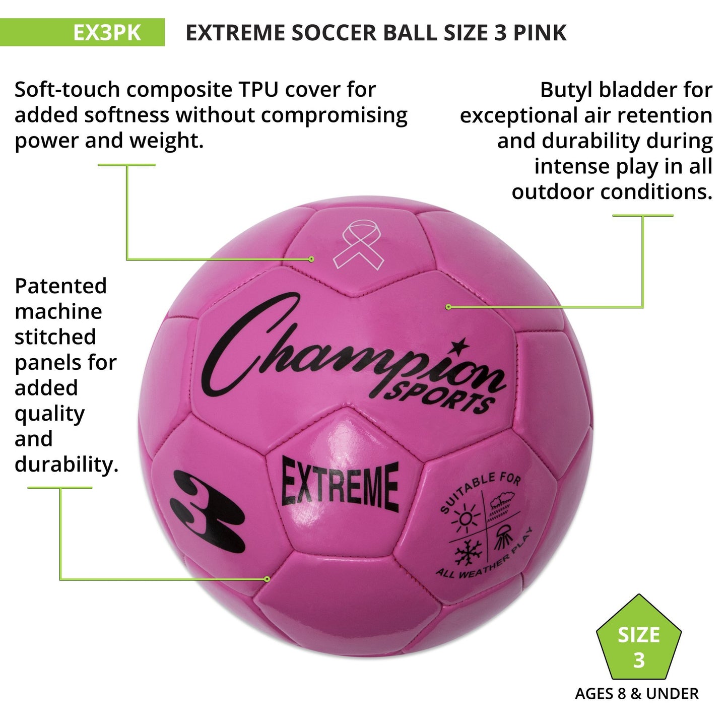 Champion Sports Extreme Series Soccer Ball, Size 3 - Youth League, All Weather, Soft Touch, Maximum Air Retention - Kick Balls for Kids Under 8…