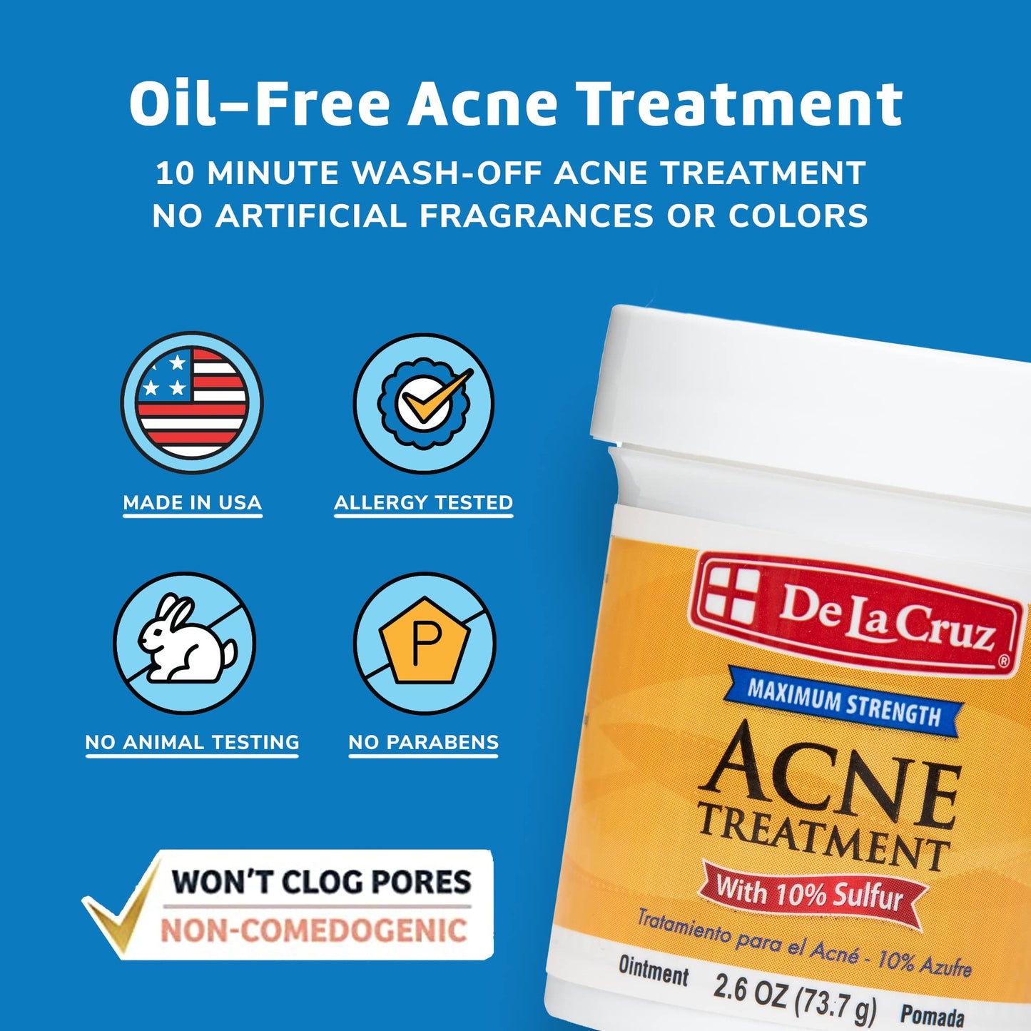 De La Cruz 10% Sulfur Ointment - Cystic Acne Treatment for Face & Body - Daily 10 Min Spot Treatment Mask -Safe & Effective Game Changing Hormonal