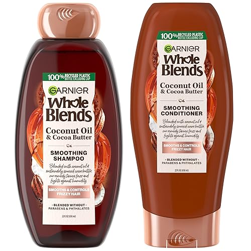 Garnier Whole Blends Smoothing Shampoo and Conditioner Set, Coconut Oil & Cocoa Butter for Frizzy Hair, Provides Up to 24HRs of Frizz & Humidity