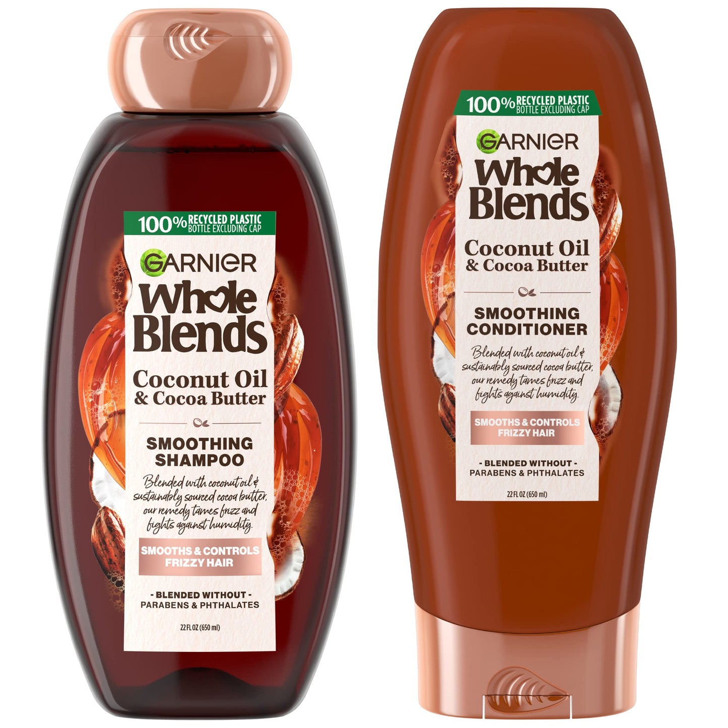 Garnier Whole Blends Smoothing Shampoo and Conditioner Set, Coconut Oil & Cocoa Butter for Frizzy Hair, Provides Up to 24HRs of Frizz & Humidity