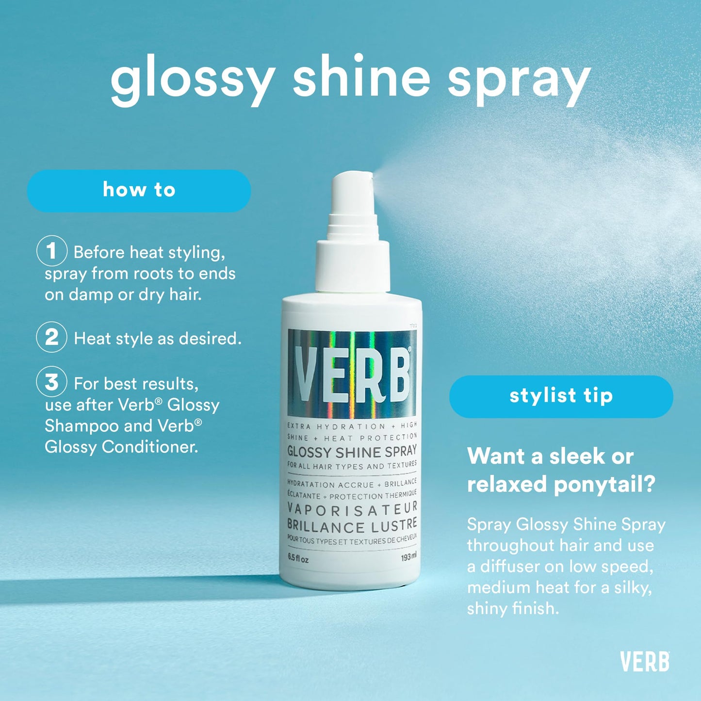 VERB Glossy Shine Spray with Heat Protection - Vegan Paraben Free Moisturizing Hair Spray without Harmful Sulfates for All Hair Types - Adds High