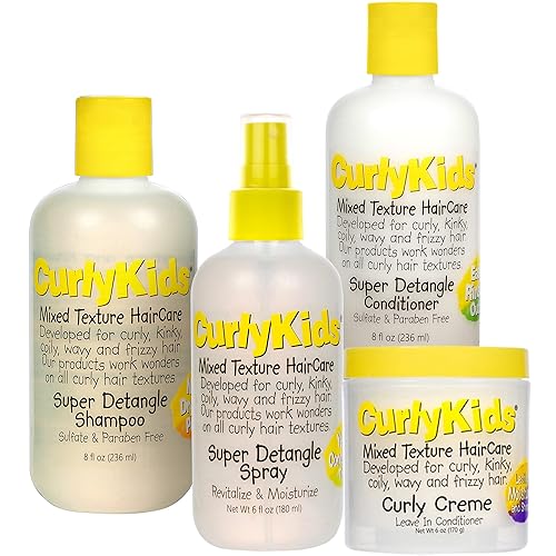 CurlyKids Textured Hair Care Set with Hair Detangler Spray, Kids Shampoo, Conditioner & Creme for Curly, Frizzy, & Wavy Hair | Sulfate & Paraben-Free