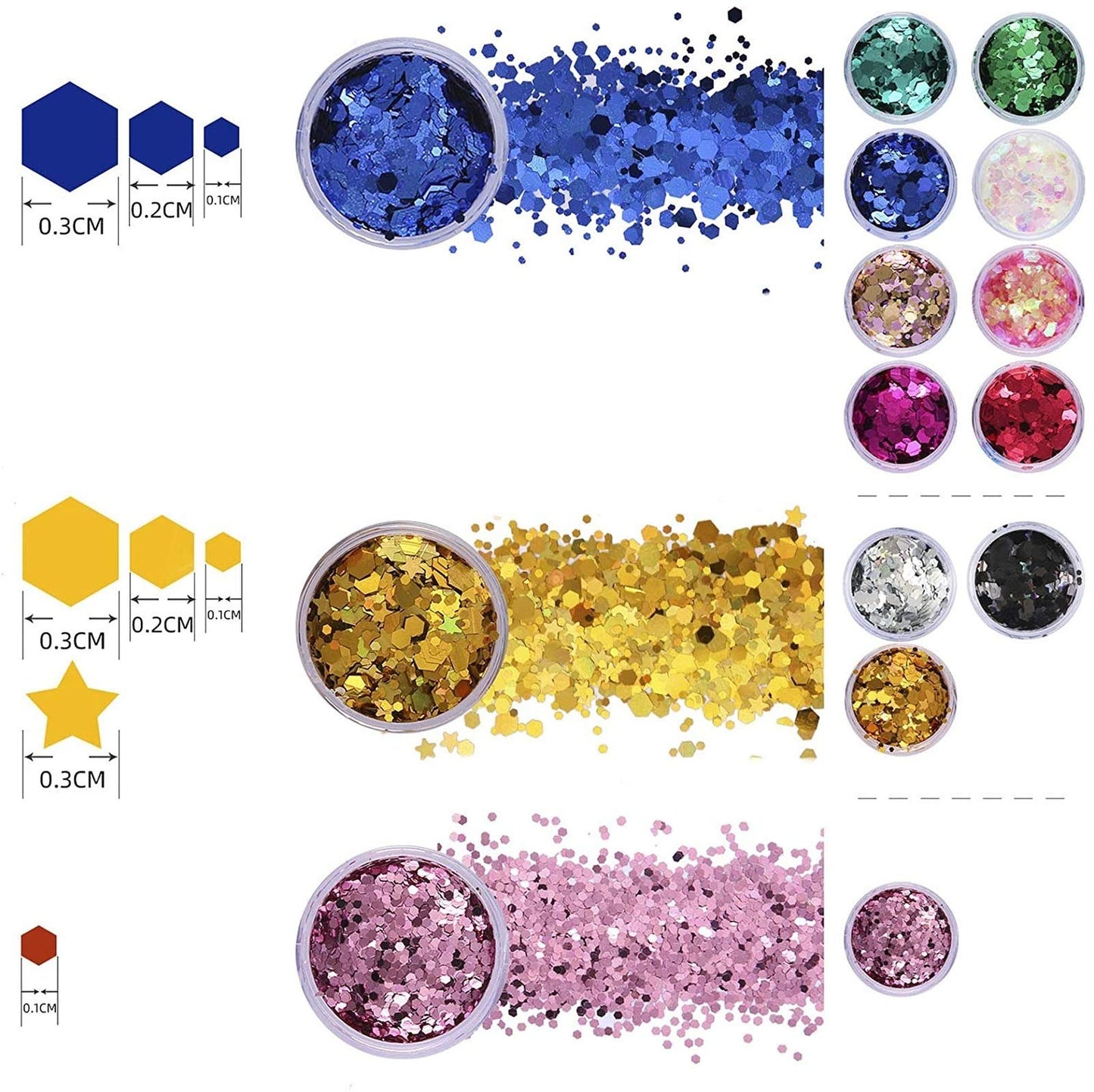 Komanic Chunky Glitter 12 Colors Face Body Eye Hair Nail Festival Holographic Stars and Hexagons Craft Glitter for Resin/Tumblers/Slime, Festival